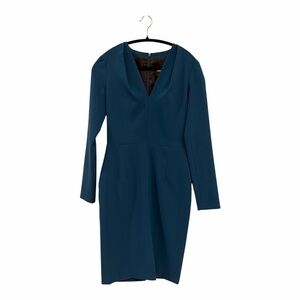 L’MOMO Long Sleeve V-Neck Pencil Sheath Midi Dress – Peacock Blue – Size 6